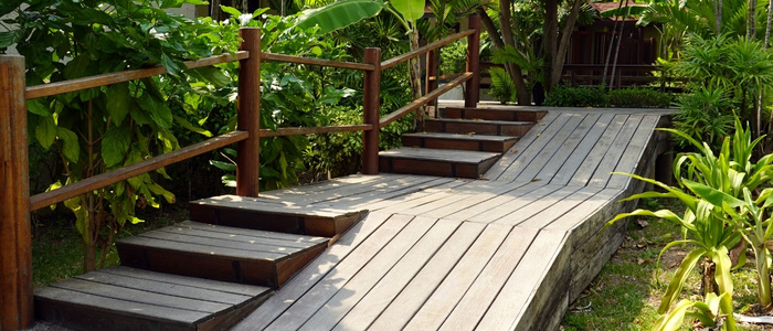 Outdoor wood ramp built with kiln dried pine for strength and stability.