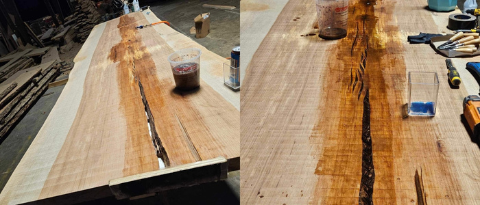 Filling cracks in a live edge slab with clear epoxy resin