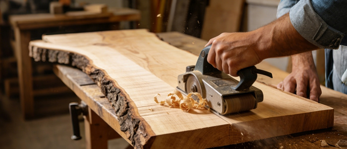 Using a router sled to flatten a live edge slab in a home workshop